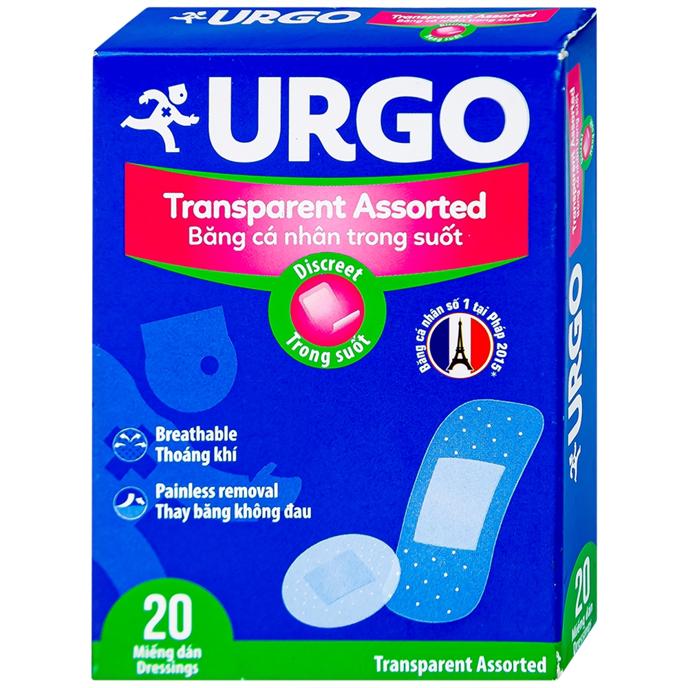 Băng cá nhân trong suốt URGO Transparent Assorted bảo vệ vết thương nhỏ 4 size (Hộp 20 miếng)