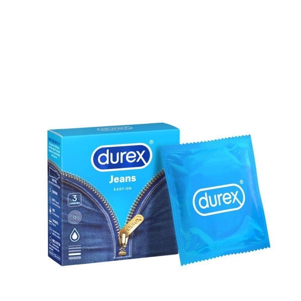 Bao cao su DUREX Jeans ôm sát, độ rộng 52.5mm, vừa vặn, nhiều chất bôi trơn (hộp 3 cái)