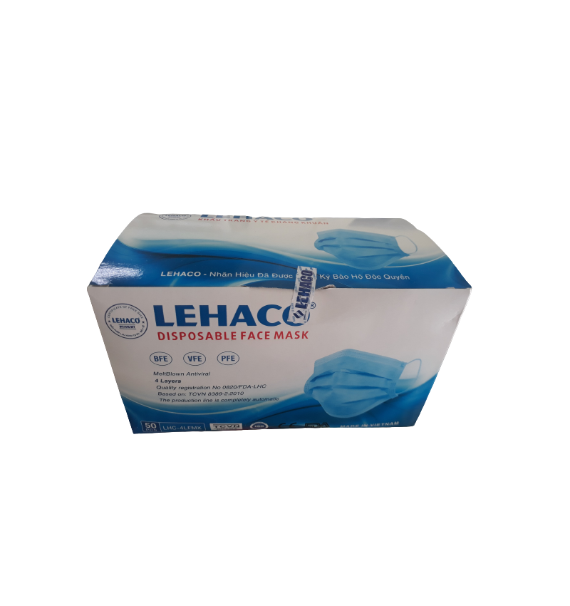 Khẩu trang y tế kháng khuẩn 4 lớp LEHACO (xanh) hộp 50 cái