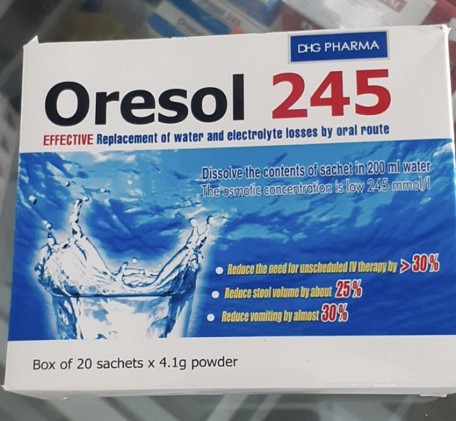 Bột pha uống Oresol 245 DHG Pharma bù nước, bổ sung chất điện giải, điều trị mất nước do tiêu chảy (20 gói x 4.1g)