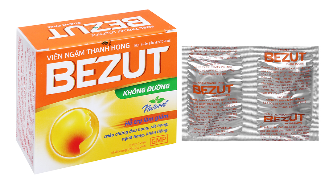 Viên ngậm thanh họng Bezut không đường hỗ trợ giảm đau họng Hộp 20 viên