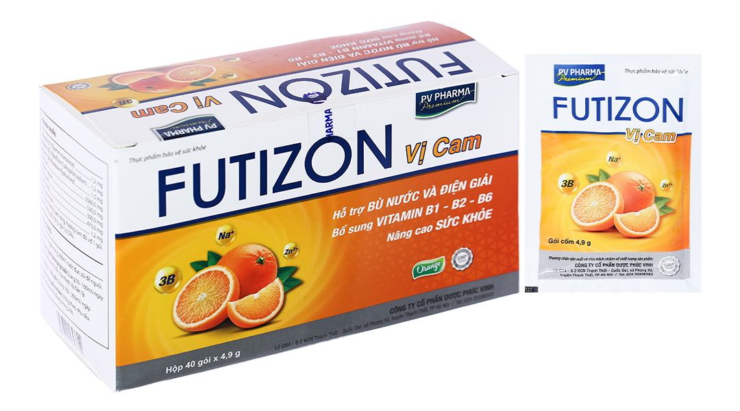 Gói cốm PV Futizon Vị Cam hỗ trợ bù nước, điện giải, vitamin nhóm B hộp 40 gói x 4.9g