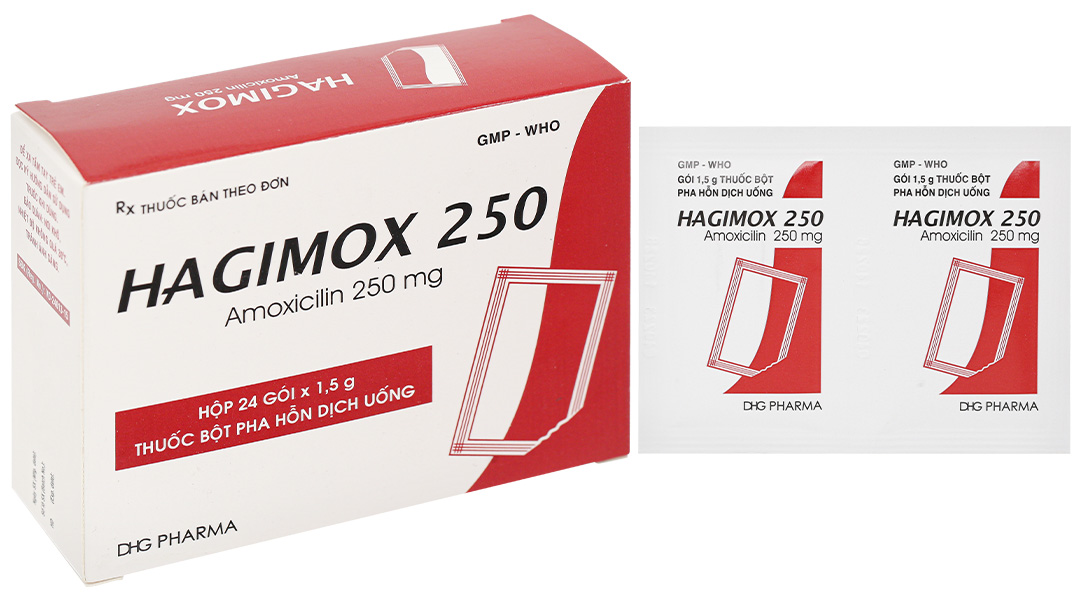Bột pha hỗn dịch uống Hagimox 250 trị nhiễm khuẩn (24 gói x 1.5g)