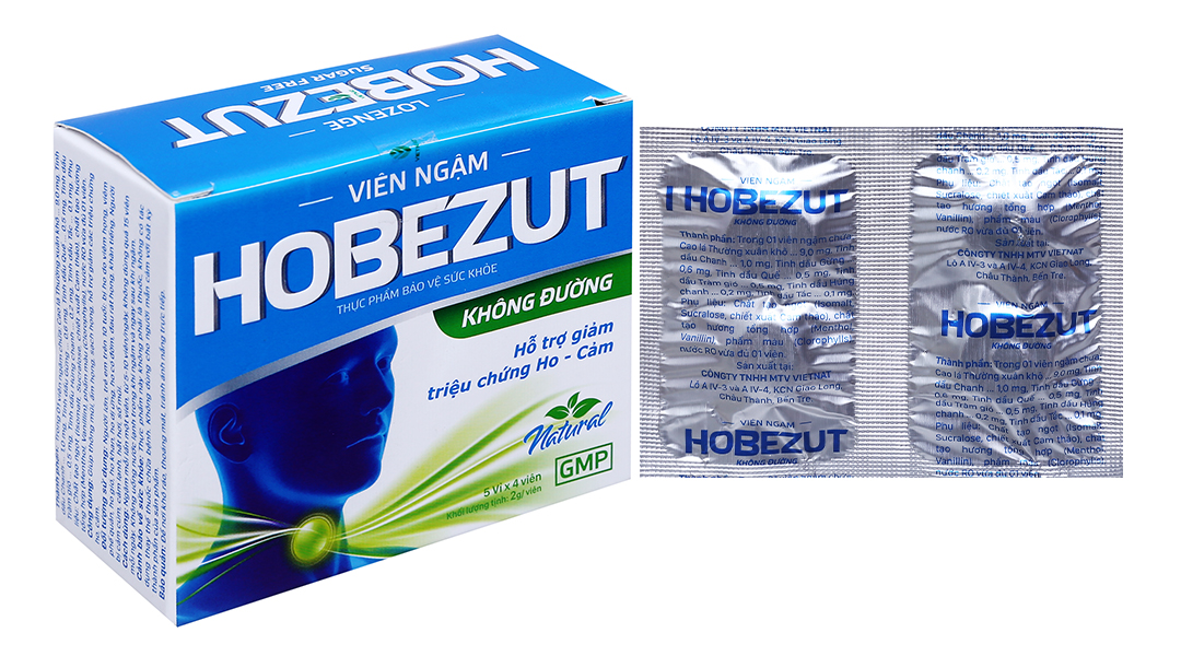 Viên ngậm Hobezut không đường hỗ trợ giảm ho, ấm họng hộp 20 viên